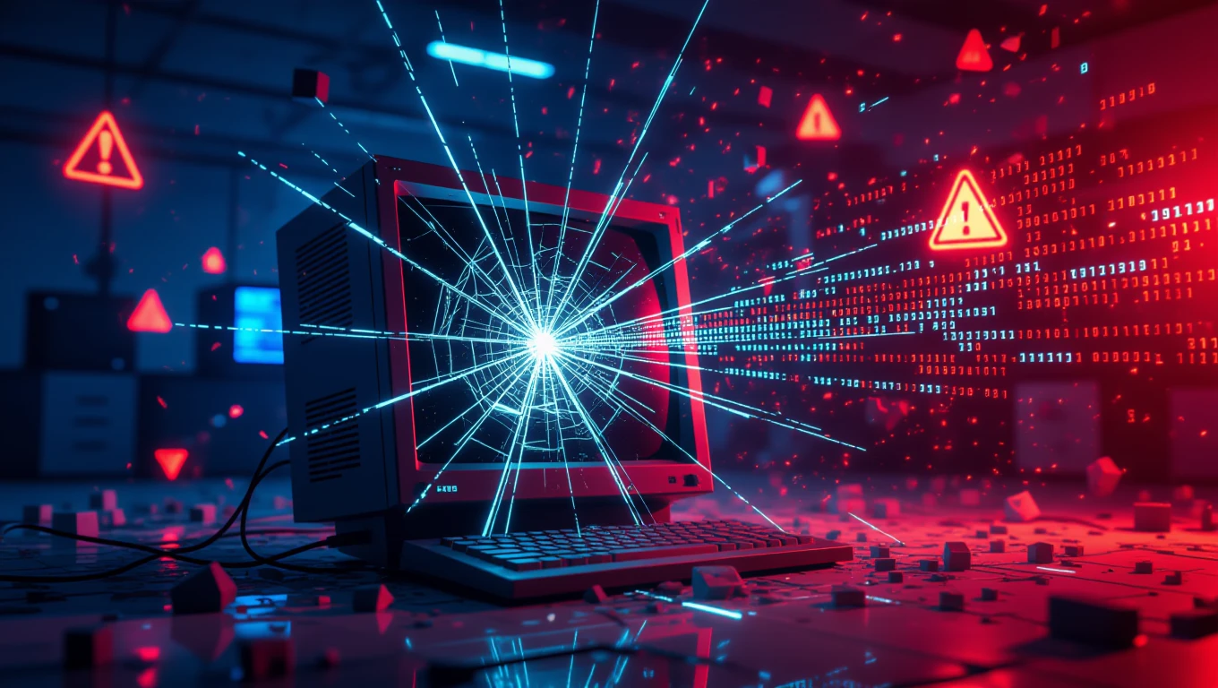 Ein Computer mit einem Riss im Bildschirm, umgeben von roten Warnsymbolen und digitalen Daten.