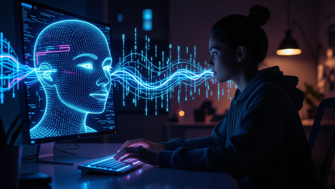 Eine Person interagiert mit einem Computer, während digitale Datenströme sichtbar sind.