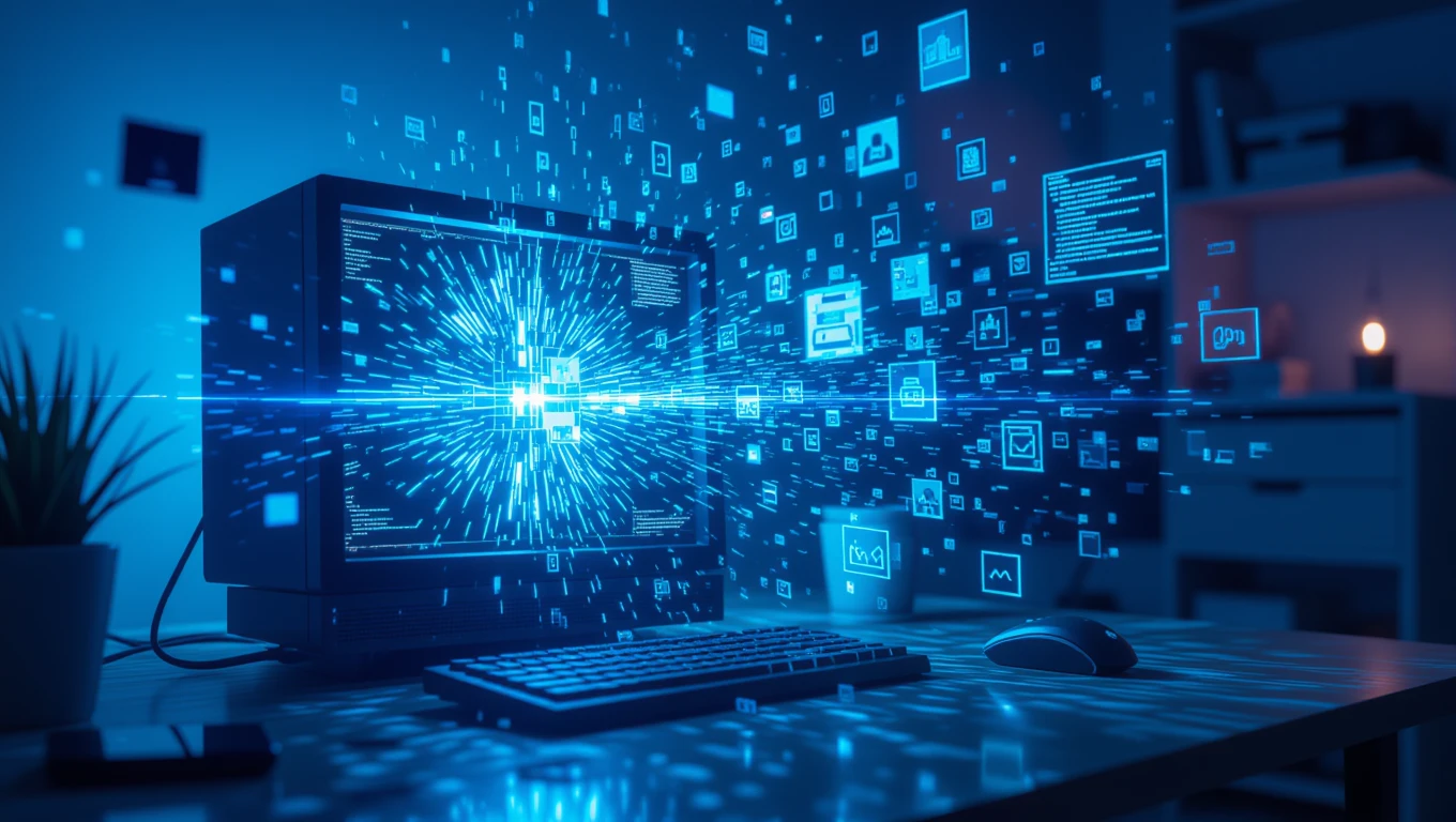 Ein Computer mit leuchtenden Datenströmen und Symbolen in einem dunklen Raum.