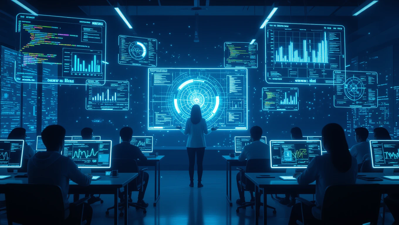 Eine Person steht vor einem großen Bildschirm mit Datenvisualisierungen und Programmcodes.