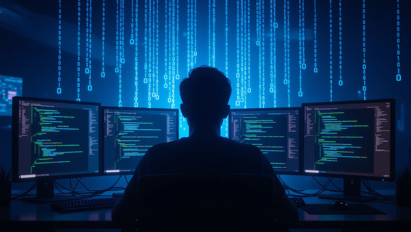 Eine Person sitzt vor mehreren Bildschirmen mit Code und digitalen Daten.