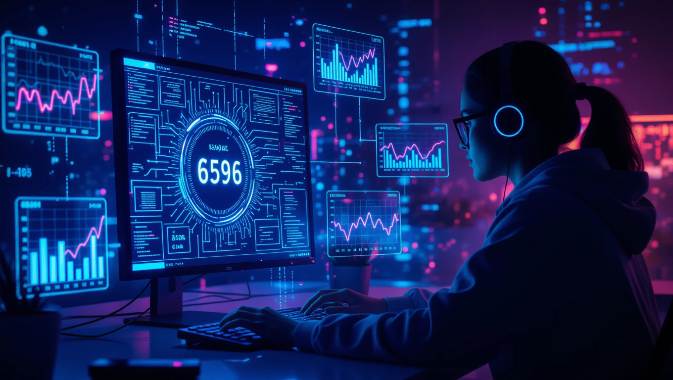 Eine Person arbeitet an einem Computer mit Datenanalysen und Grafiken.