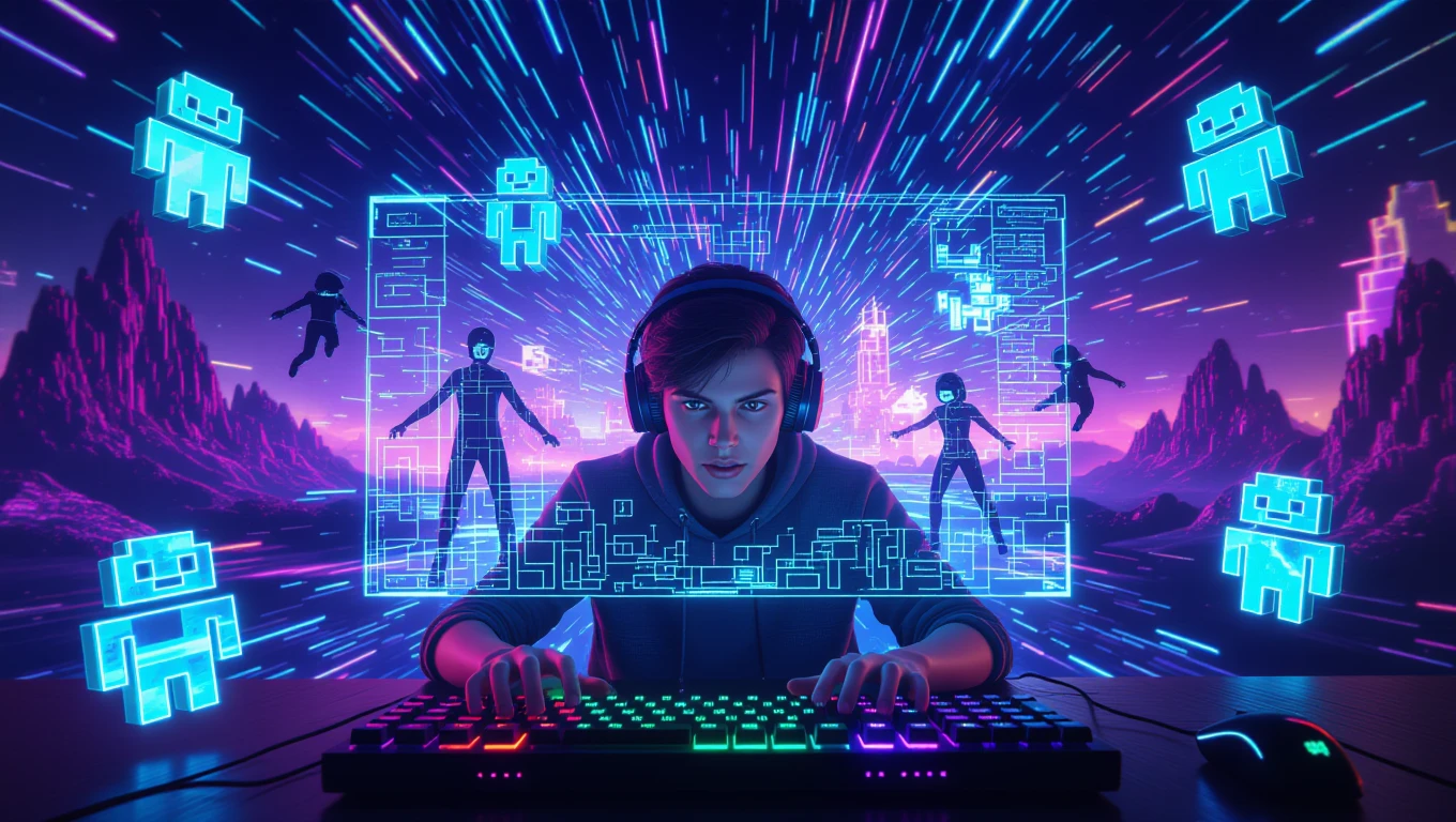 Ein junger Mensch spielt intensiv an einem Computer mit leuchtenden Grafiken.