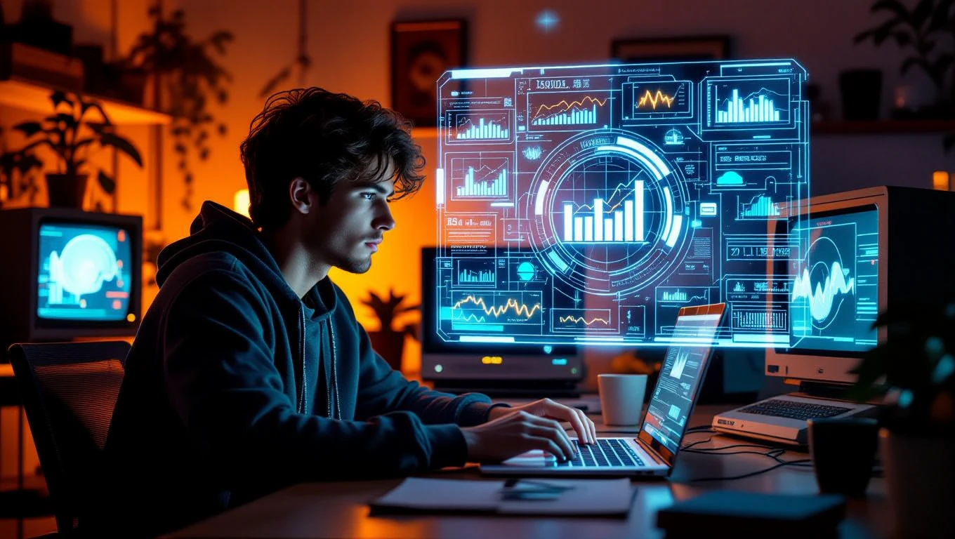 Ein junger Mann arbeitet konzentriert an einem Laptop mit holografischen Datenanzeigen.