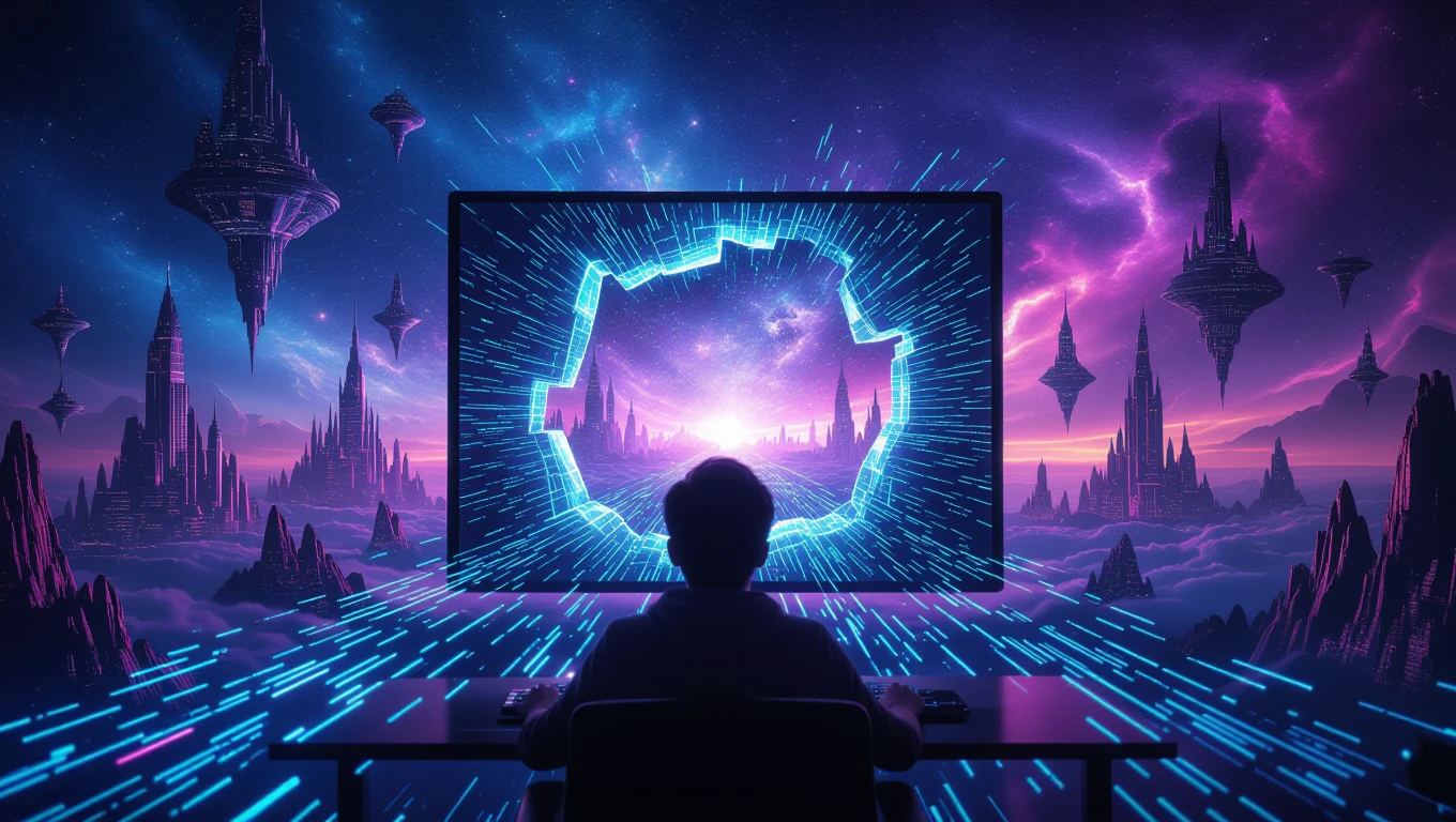 Eine Person sitzt vor einem Computer, der eine futuristische Landschaft zeigt.