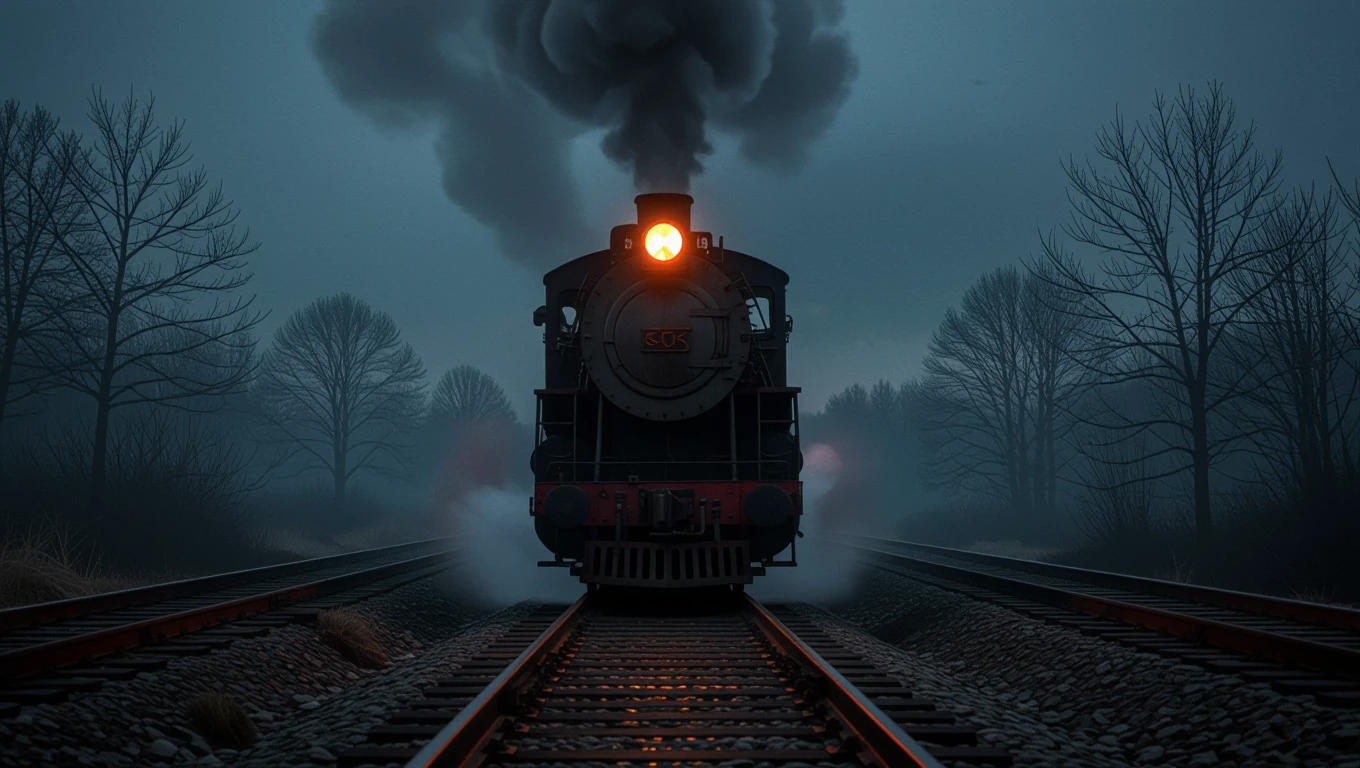 Eine Dampflokomotive fährt durch eine neblige Landschaft mit Bäumen.