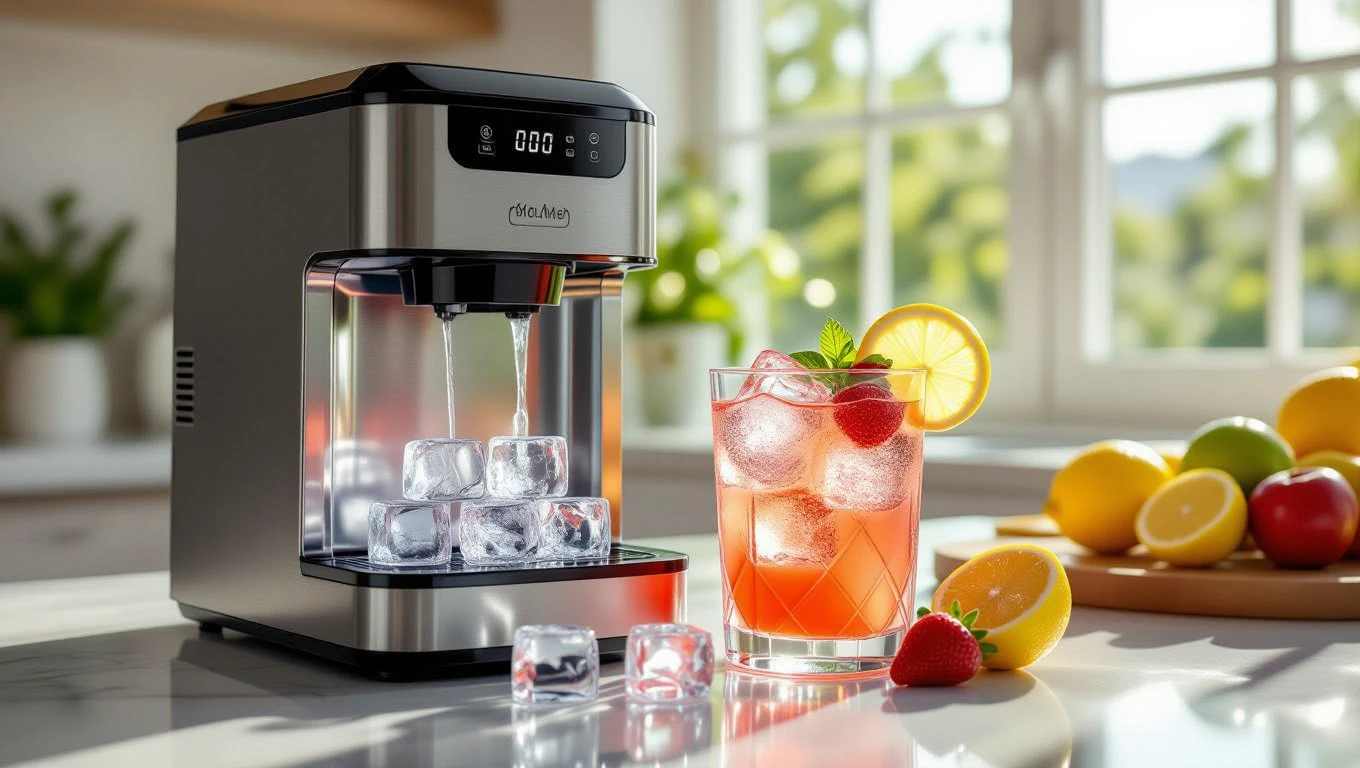 Eine moderne Eiswürfelmaschine mit frischen Eiswürfeln und einem Getränk.