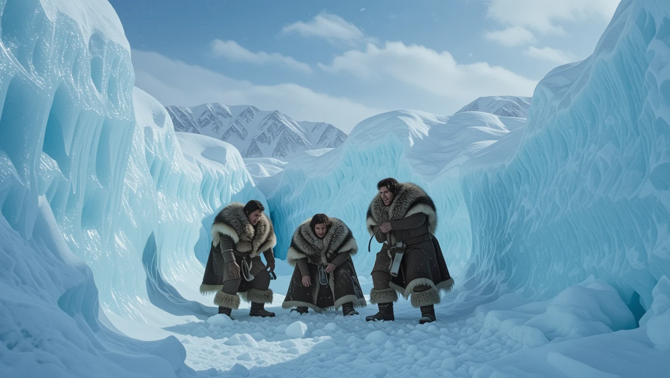 Drei Personen in warmen Pelzmänteln stehen in einer eisigen Landschaft.