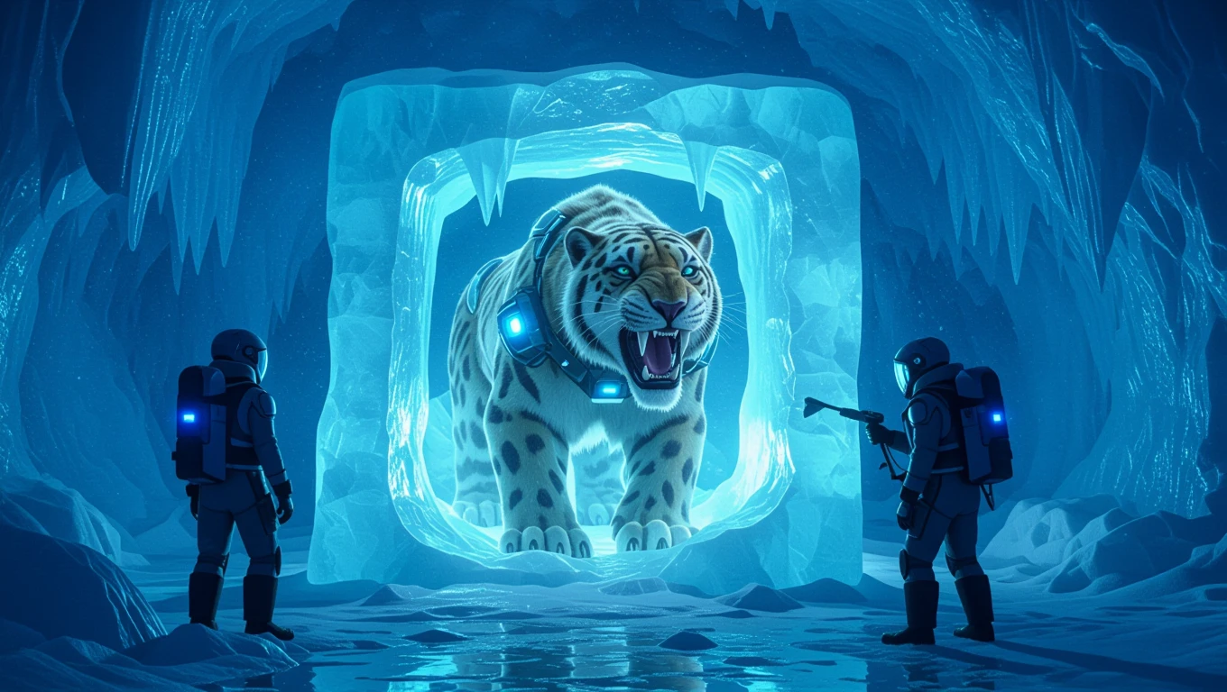 Zwei Astronauten stehen in einer Eishöhle vor einem wütenden weißen Tiger.
