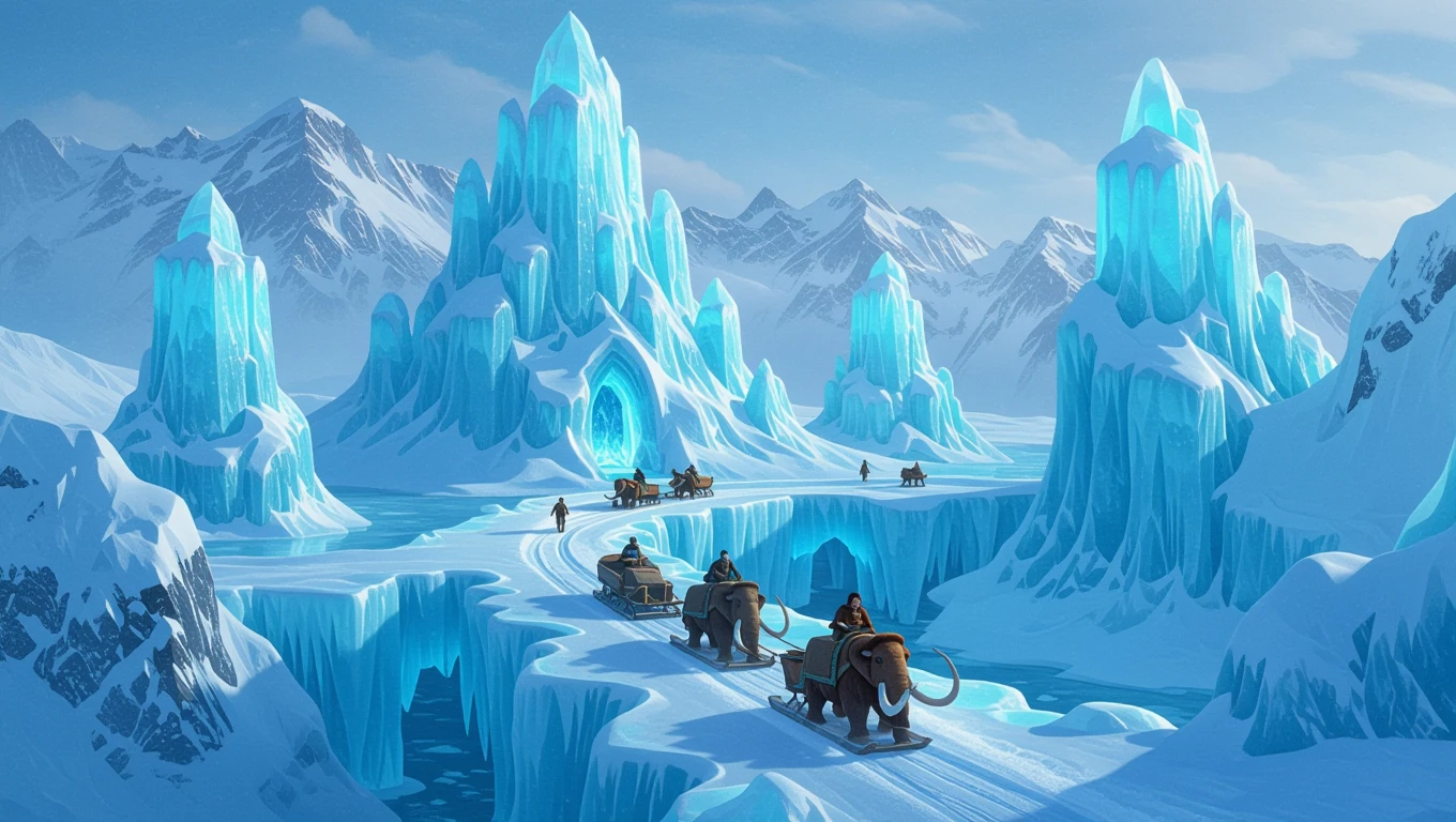Eine frostige Landschaft mit riesigen Eisbergen und Schlitten, die von Mammuts gezogen werden.