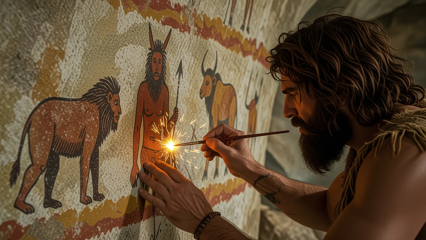 Ein Mann malt mit einem Stock auf einer Höhlenwand, umgeben von prähistorischen Tieren.