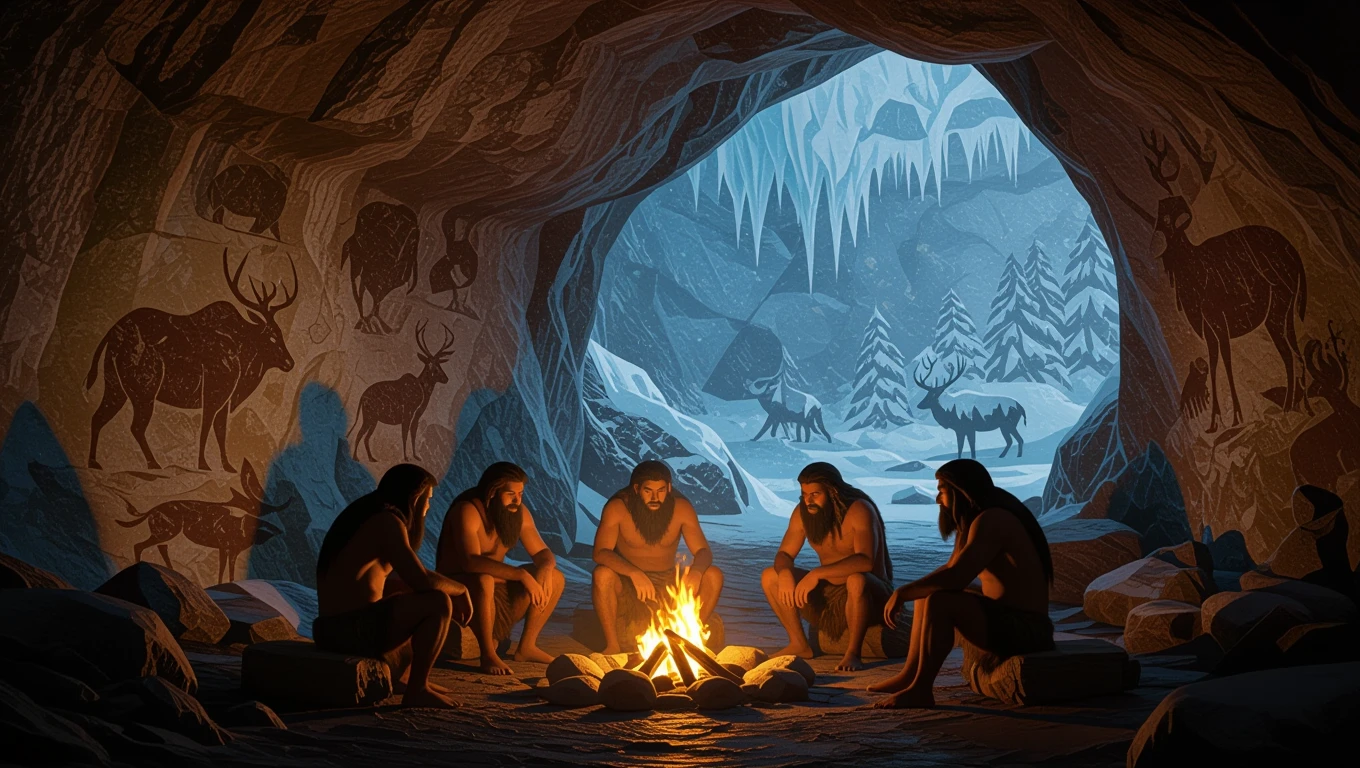 Eine Gruppe von Menschen sitzt um ein Feuer in einer Höhle, während draußen eine Eislandschaft sichtbar ist.