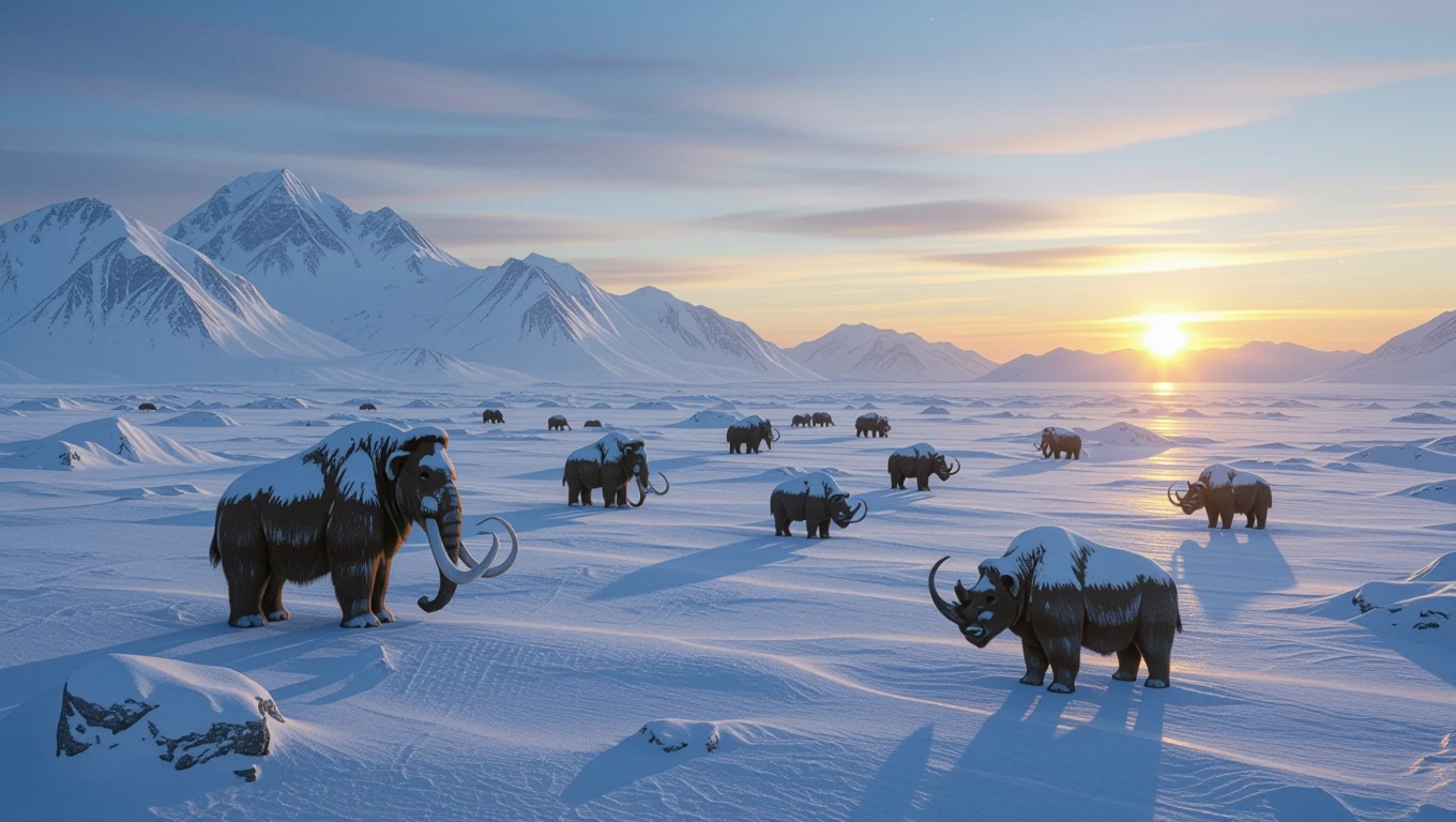 Eine frostige Landschaft mit Mammuts, die durch den Schnee wandern, symbolisiert emotionale Kälte.