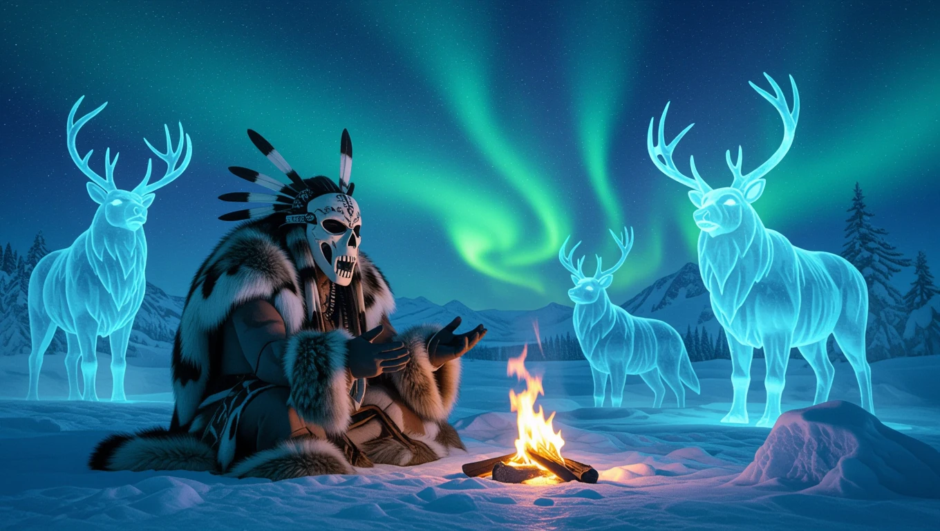 Ein schamanisch gekleideter Mensch sitzt am Feuer in einer eisigen Landschaft mit geisterhaften Rentieren.
