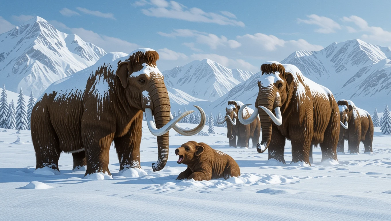 Eine Gruppe von Mammuts und einem Bären in einer schneebedeckten Landschaft.