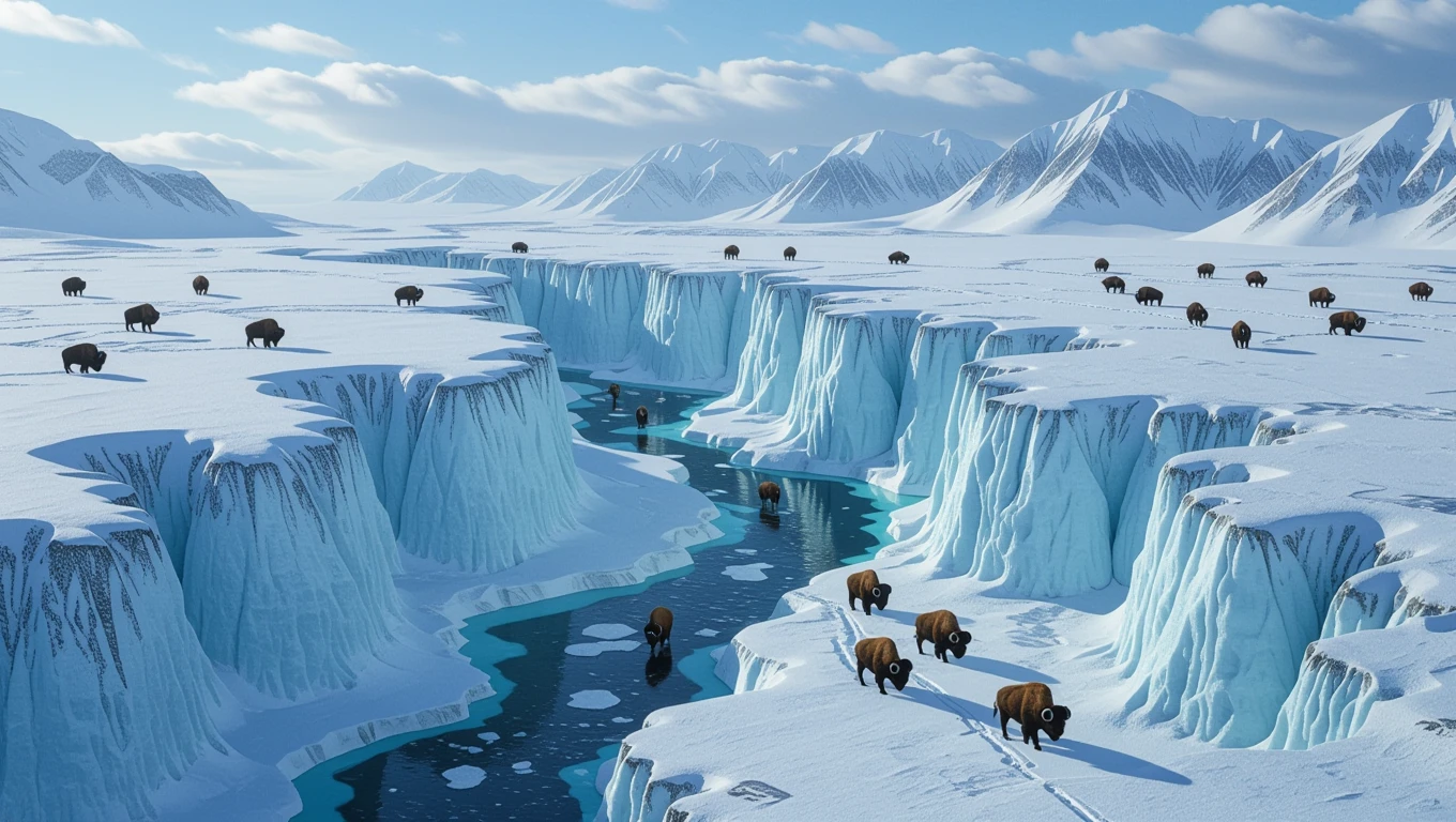 Eine eisige Landschaft mit Gletschern und Wasserläufen, in der Bisons grasen.