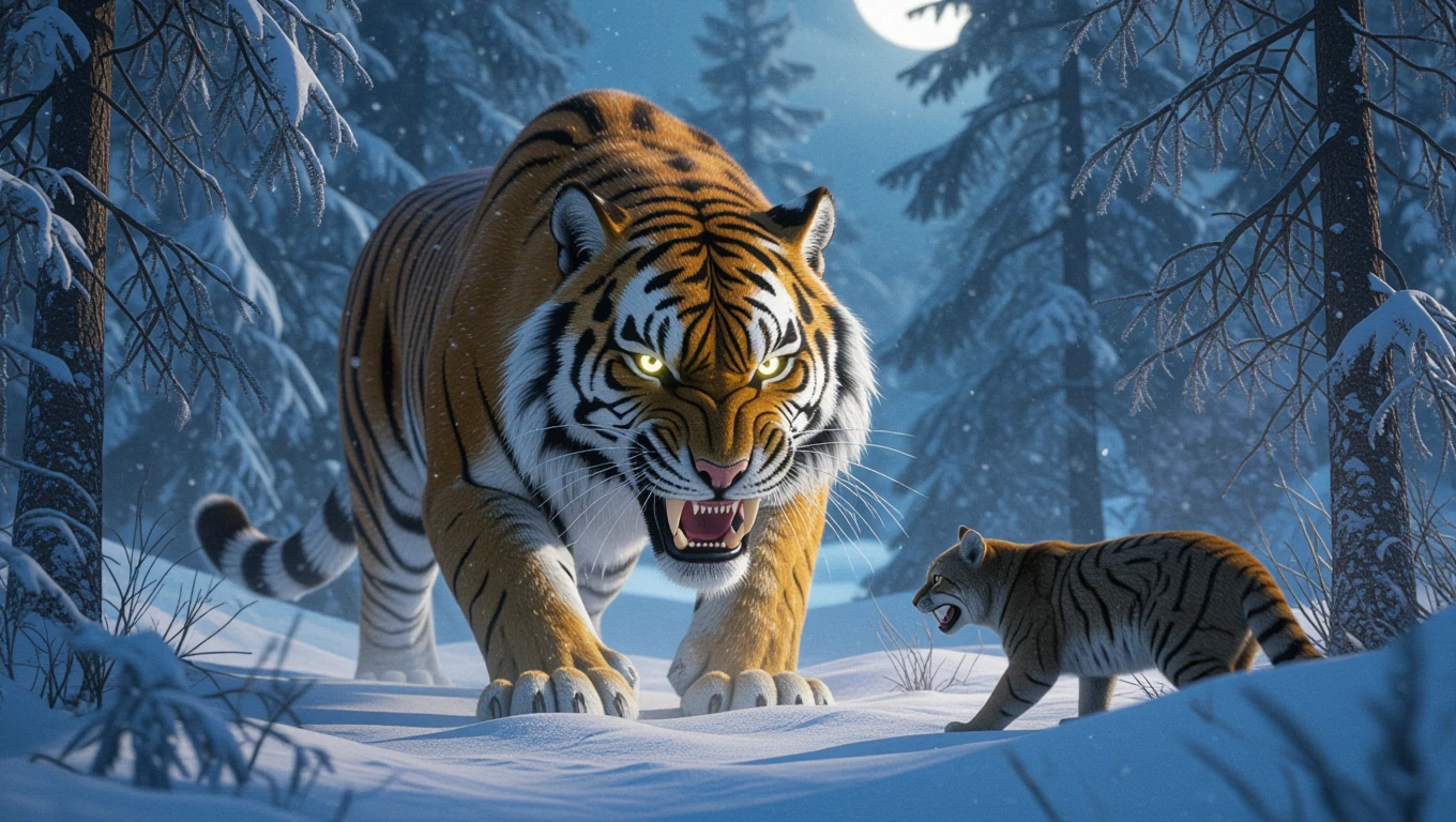 Ein majestätischer Tiger und sein Junges in einer schneebedeckten Winterlandschaft.