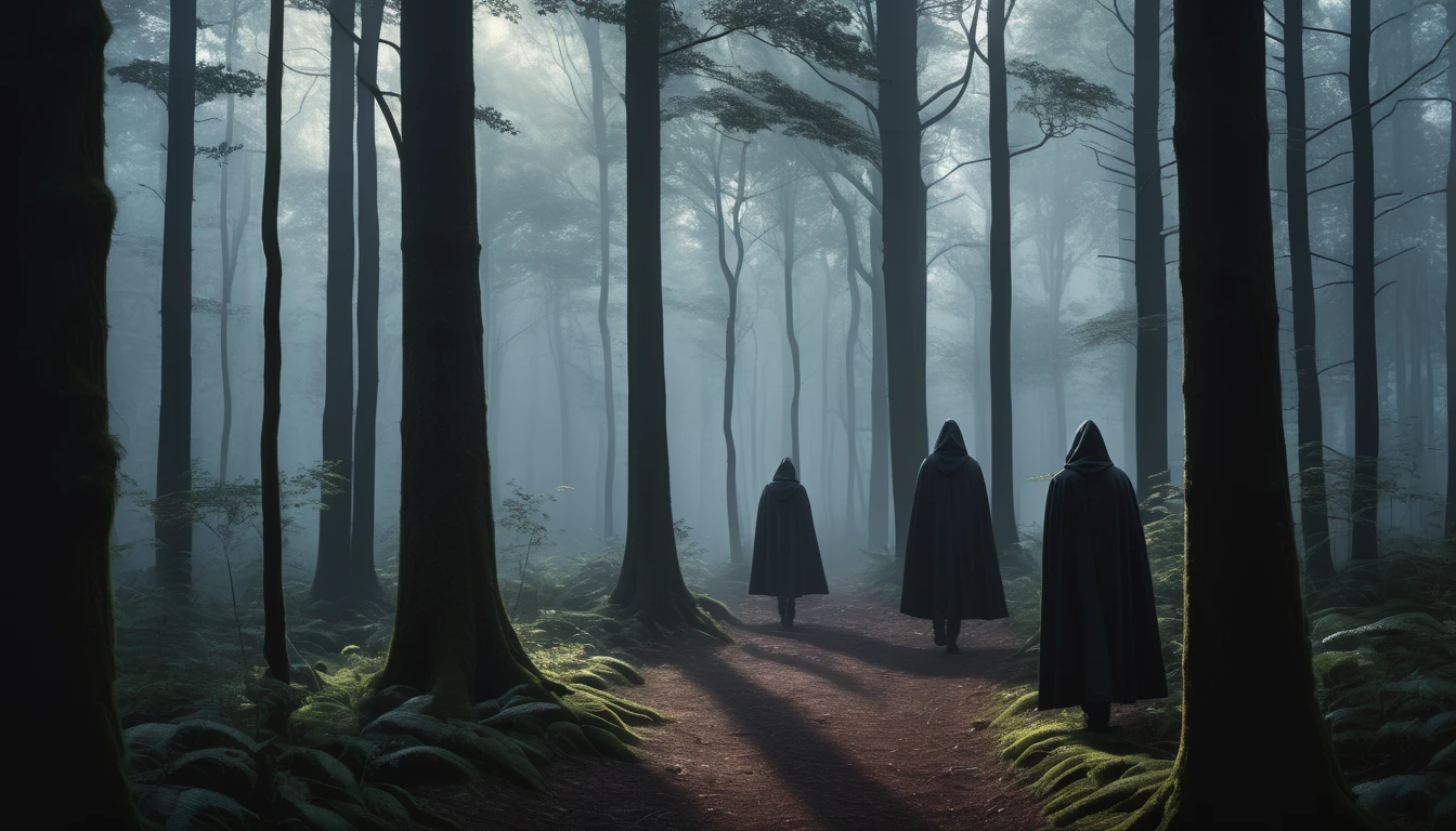 Drei mysteriöse Gestalten in Umhängen gehen durch einen nebligen Wald.