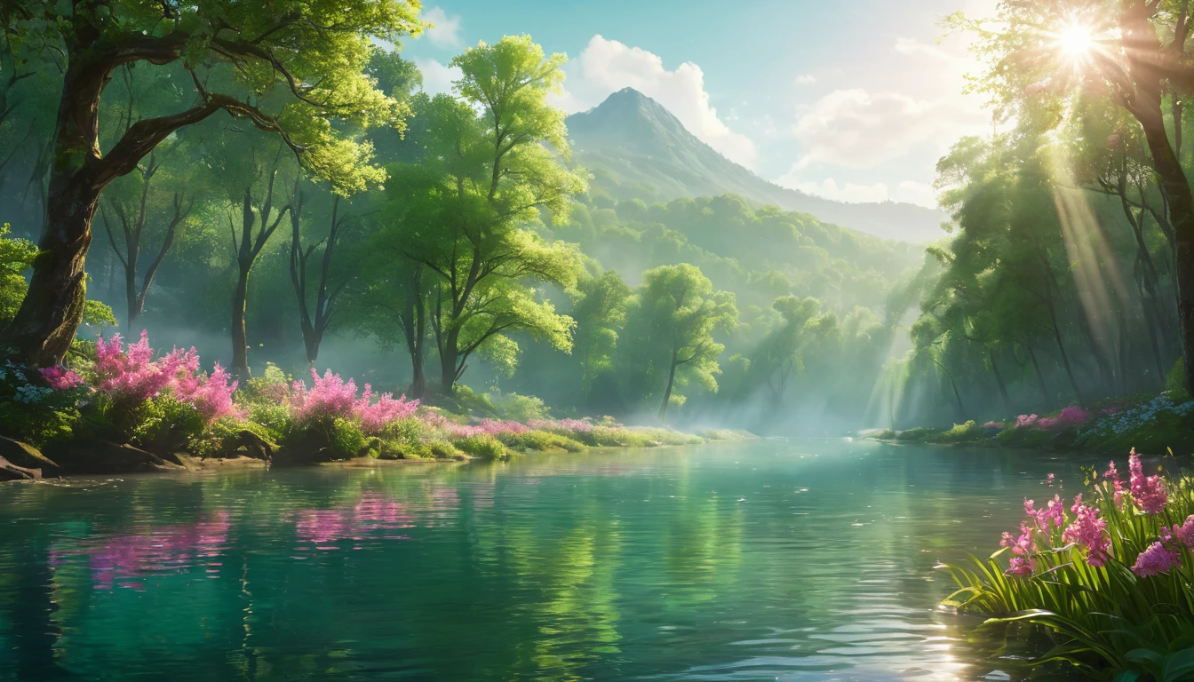 Ein ruhiger Fluss umgeben von üppigem Grün und bunten Blumen im Sonnenlicht.