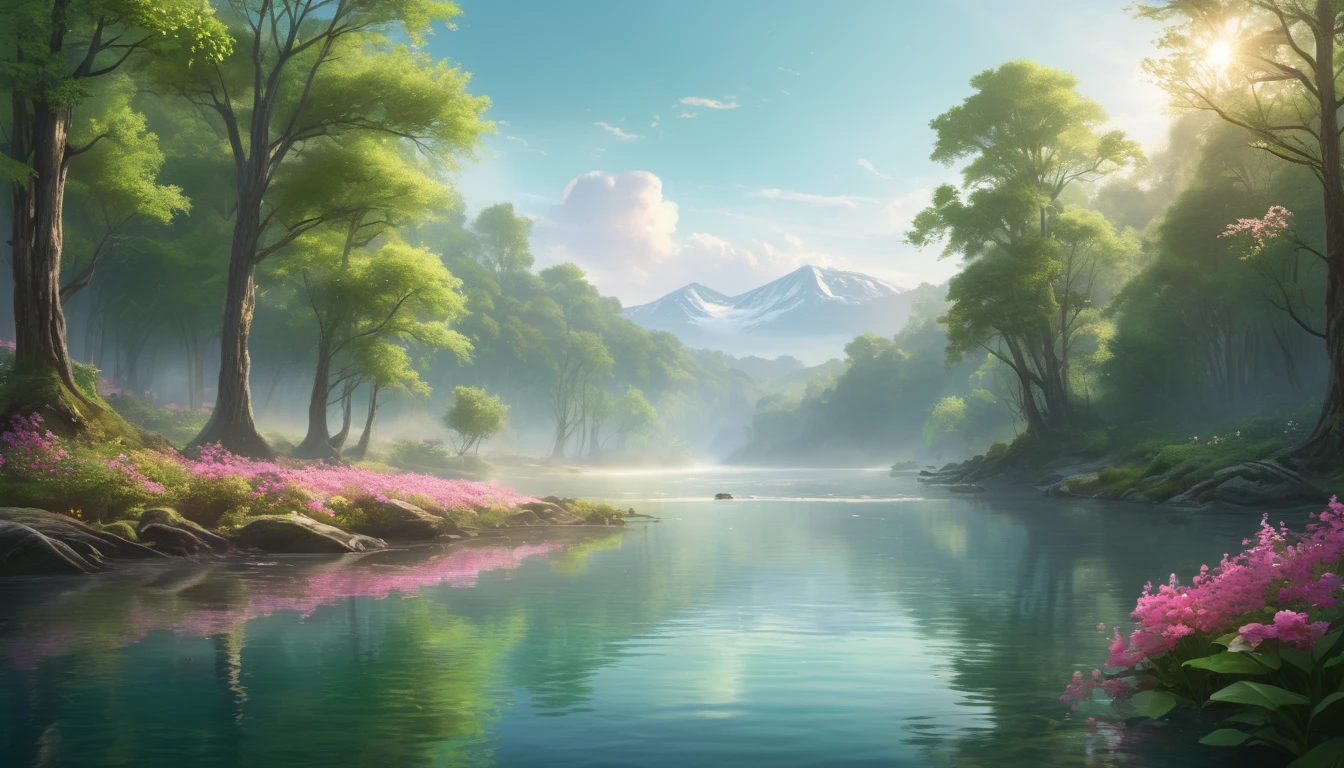 Ein ruhiger See umgeben von üppigem Grün und blühenden Blumen im Morgennebel.