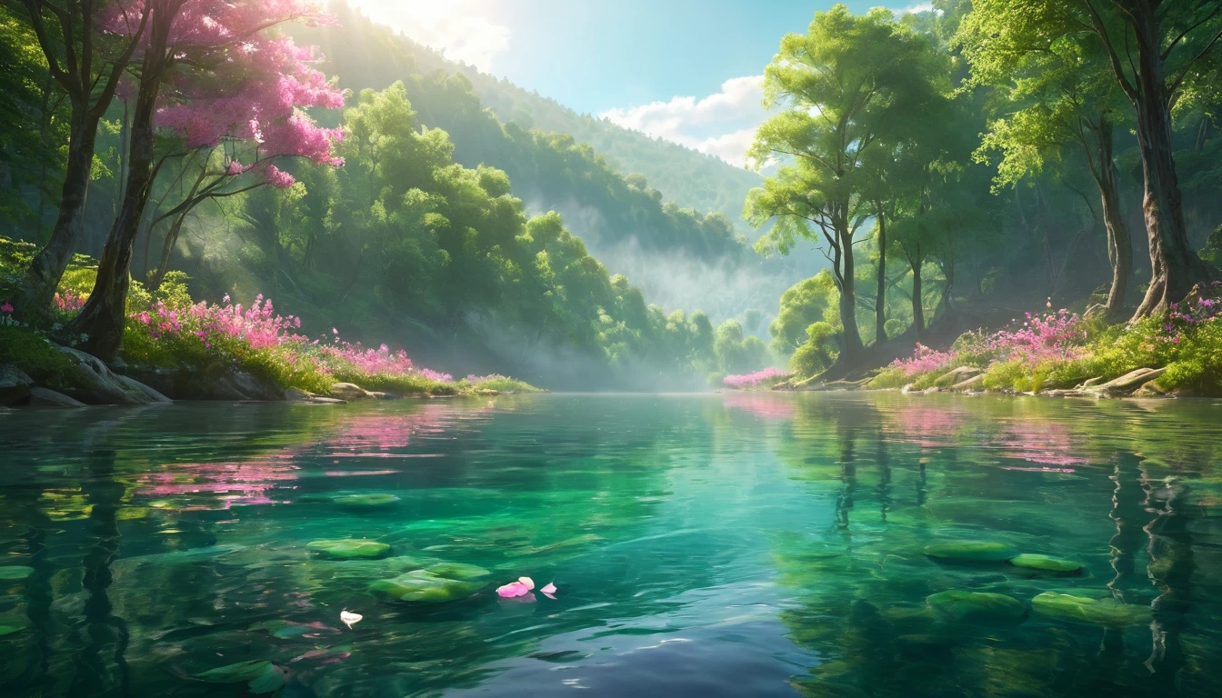 Ein ruhiger See umgeben von blühenden Bäumen und sanften Hügeln.