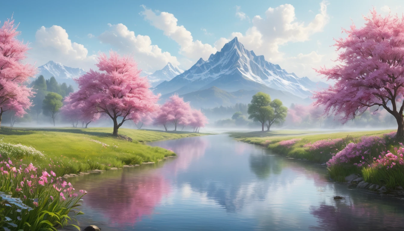 Eine friedliche Landschaft mit blühenden Kirschbäumen und einem klaren Fluss.