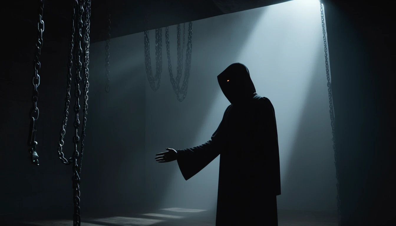 Eine dunkle Gestalt mit Kapuze steht in einem schwach beleuchteten Raum.