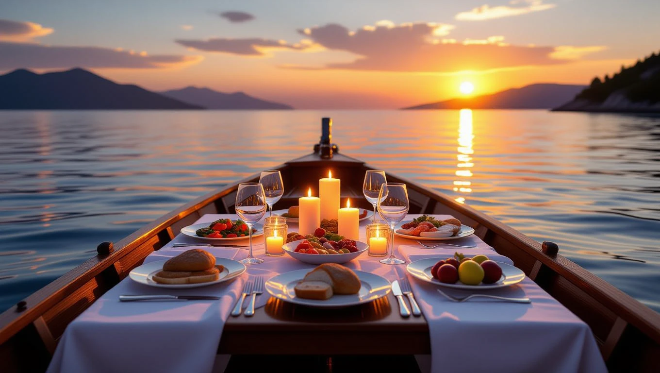 Ein romantisches Abendessen auf einem Boot bei Sonnenuntergang mit verschiedenen Speisen.