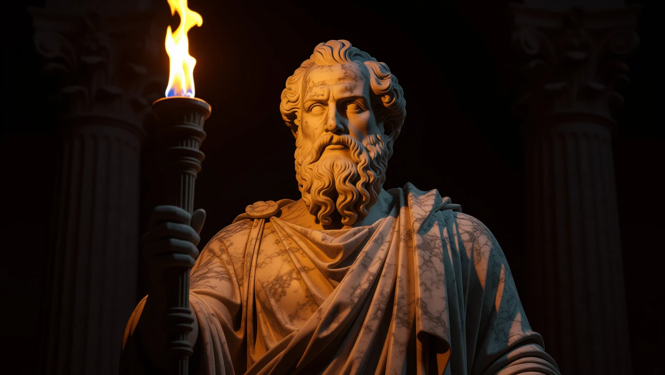 Eine Statue mit einer Fackel, die Licht und Erkenntnis symbolisiert.