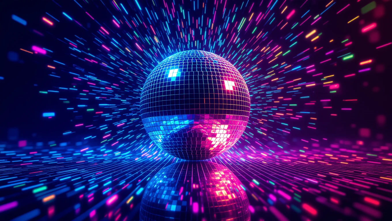 Eine glitzernde Discokugel vor einem bunten, leuchtenden Hintergrund.