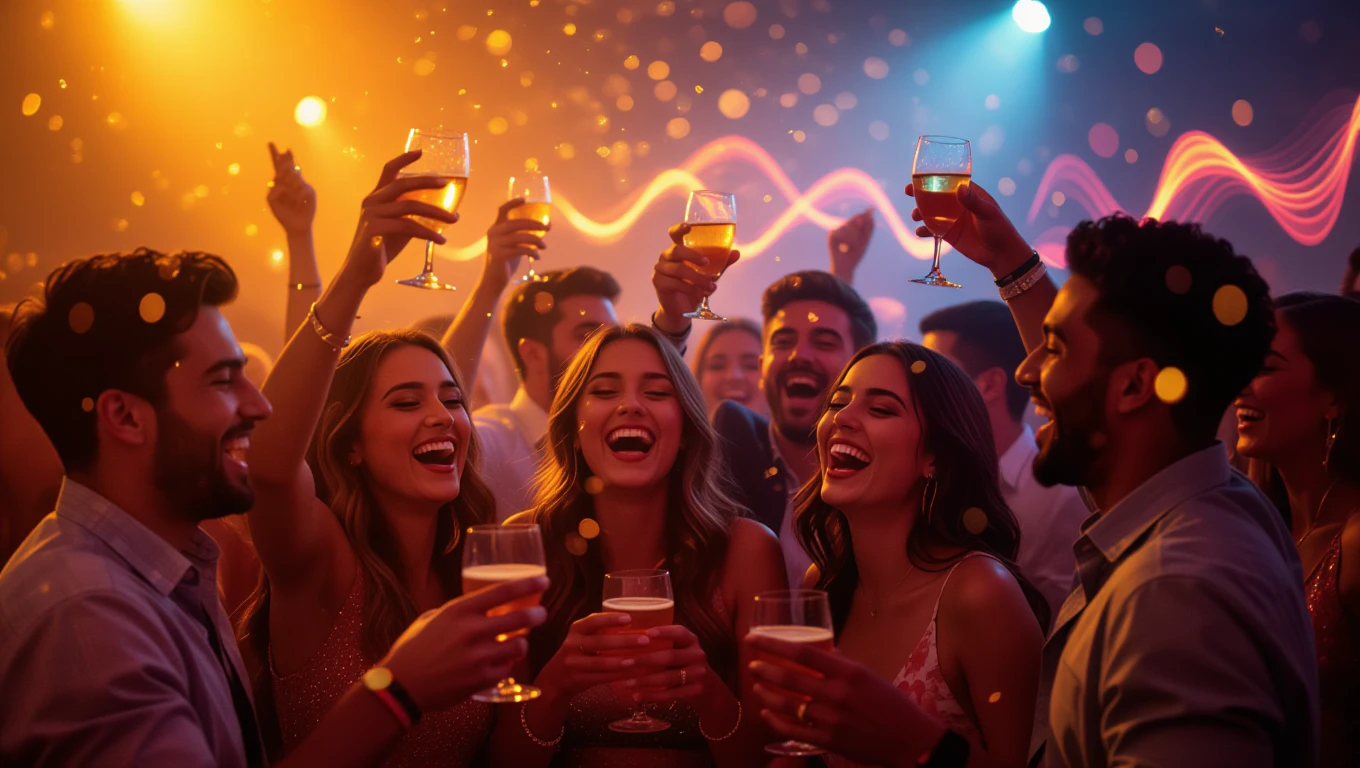 Eine fröhliche Gruppe von Menschen feiert mit Getränken in einer lebhaften Partyszene.