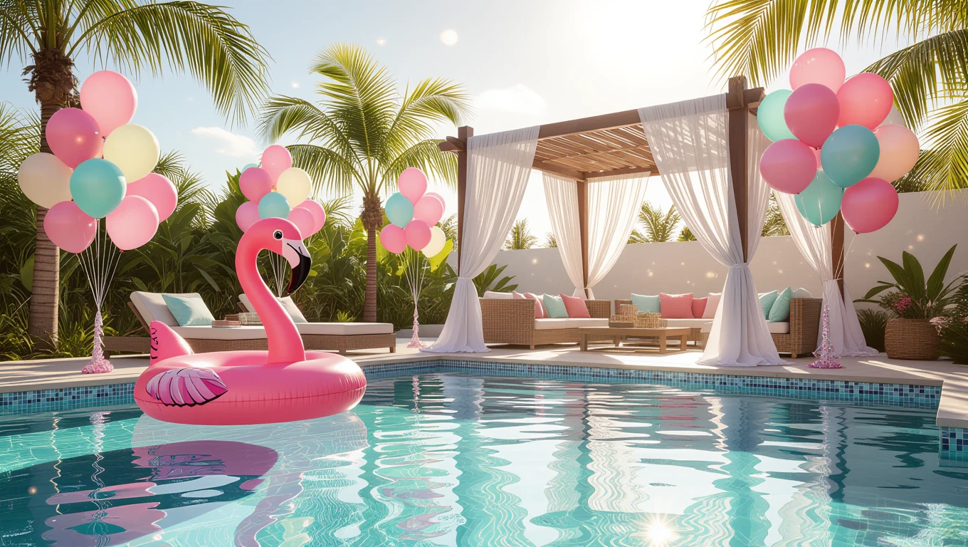 Ein pinker Flamingo-Schwimmreifen schwimmt im Pool, umgeben von bunten Luftballons und Palmen.