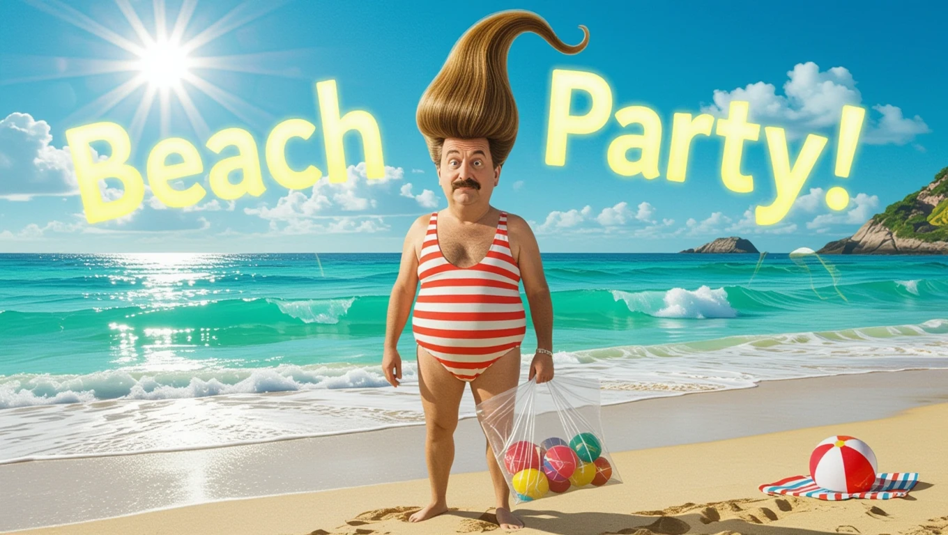 Ein Mann in einem gestreiften Badeanzug steht am Strand mit bunten Bällen.