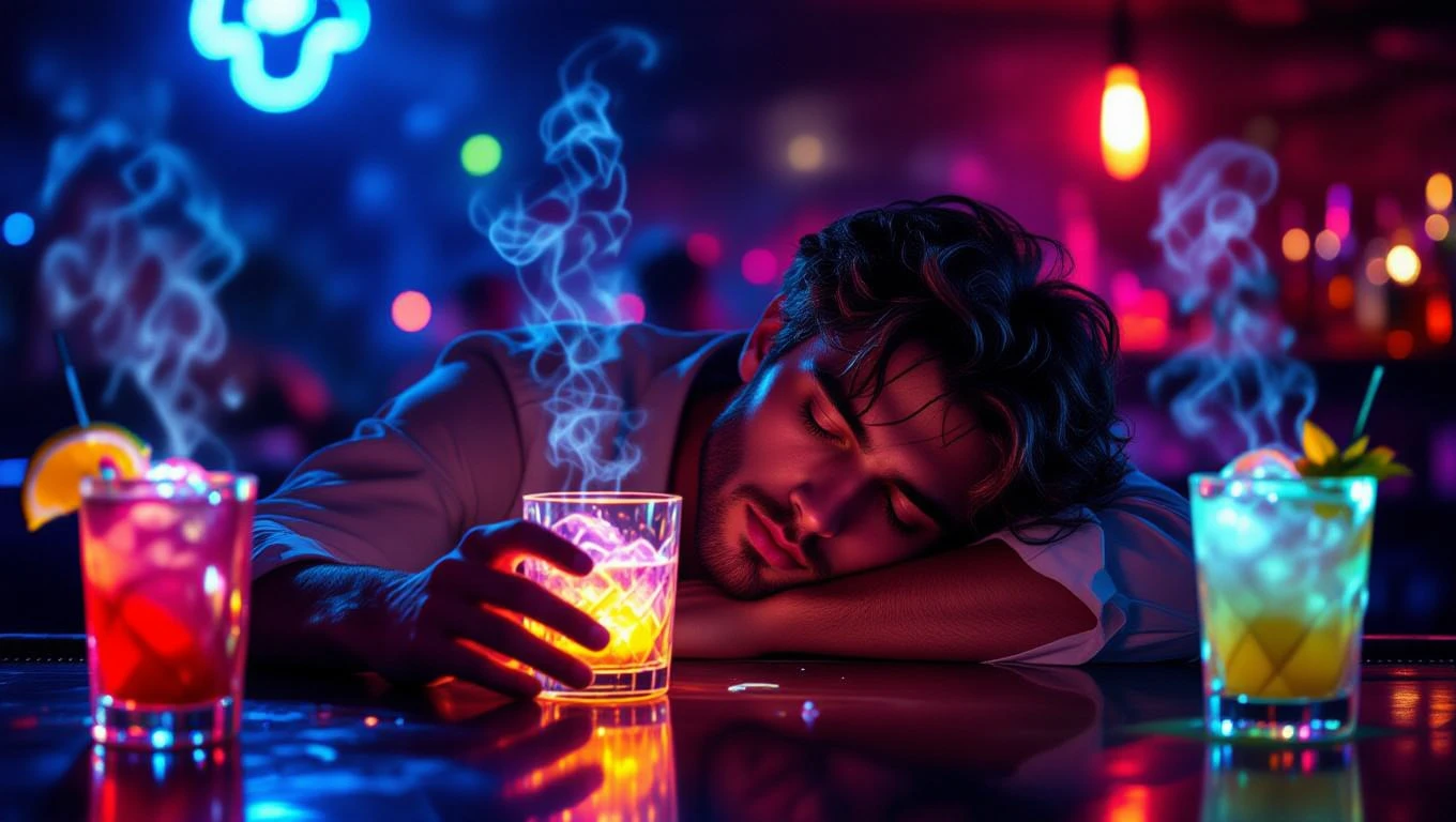 Ein Mann schläft an der Bar, umgeben von bunten Cocktails und Rauch.