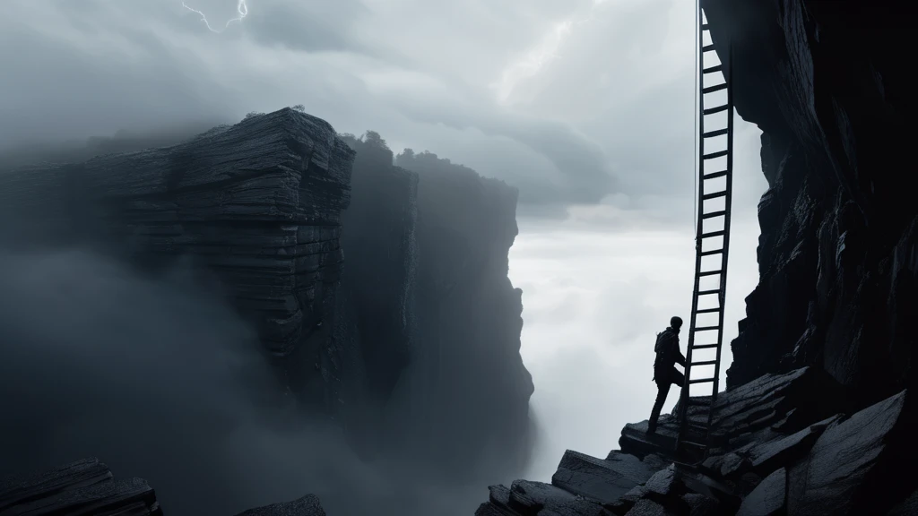 Eine Person steht an einer Klippe und blickt auf eine Leiter in den Wolken.