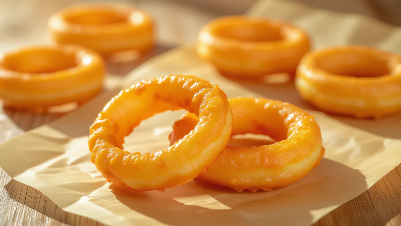 Frittierte Zwiebelringe auf einem Teller, goldbraun und knusprig.