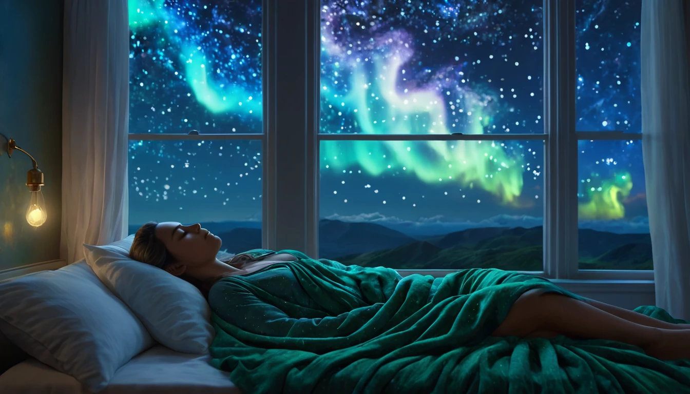 Eine schlafende Frau in einem grünen Bett, während das Nordlicht am Himmel leuchtet.