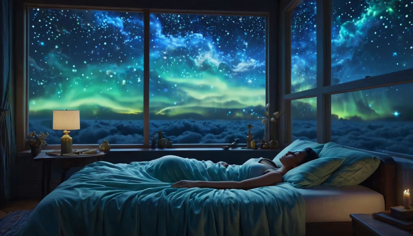 Eine schlafende Person in einem Bett, während der Nachthimmel leuchtet.