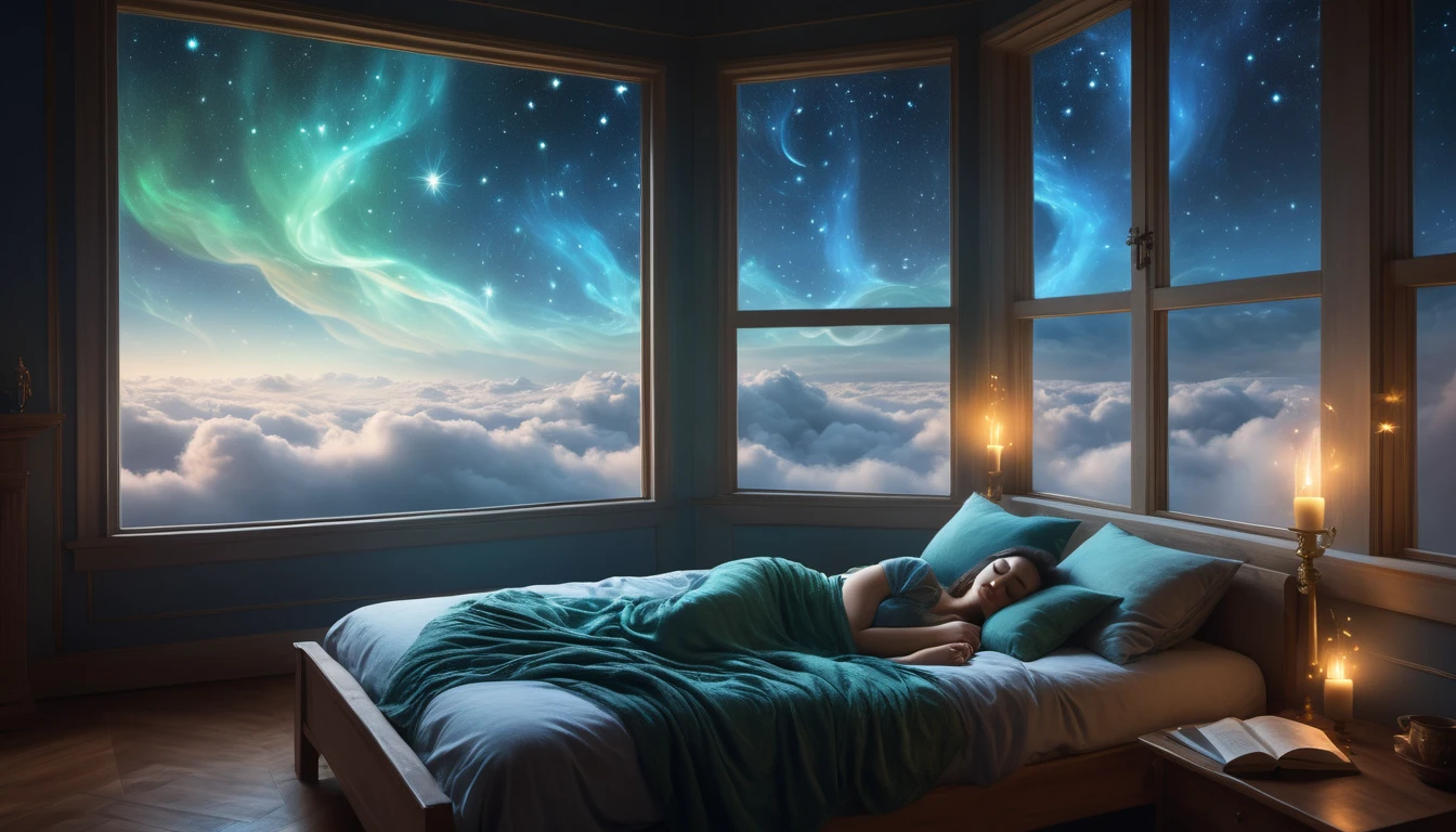 Eine schlafende Frau in einem Schlafzimmer mit Blick auf den Sternenhimmel und Wolken.