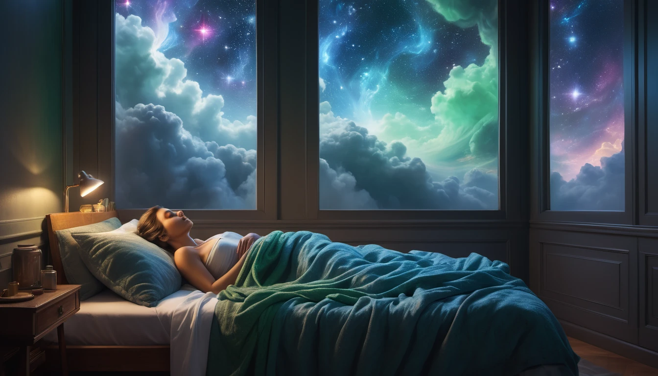 Eine schlafende Person in einem Raum mit einem traumhaften, sternenklaren Himmel.