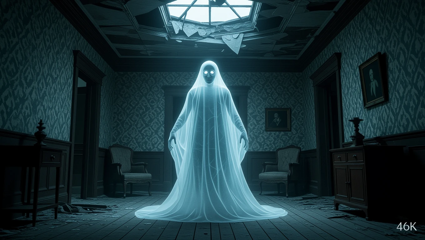 Ein geisterhaftes Wesen in einem alten, verlassenen Raum mit zerbrochenem Dach.