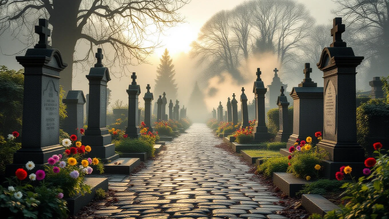 Ein nebliger Friedhof mit Grabsteinen und bunten Blumen am Weg.