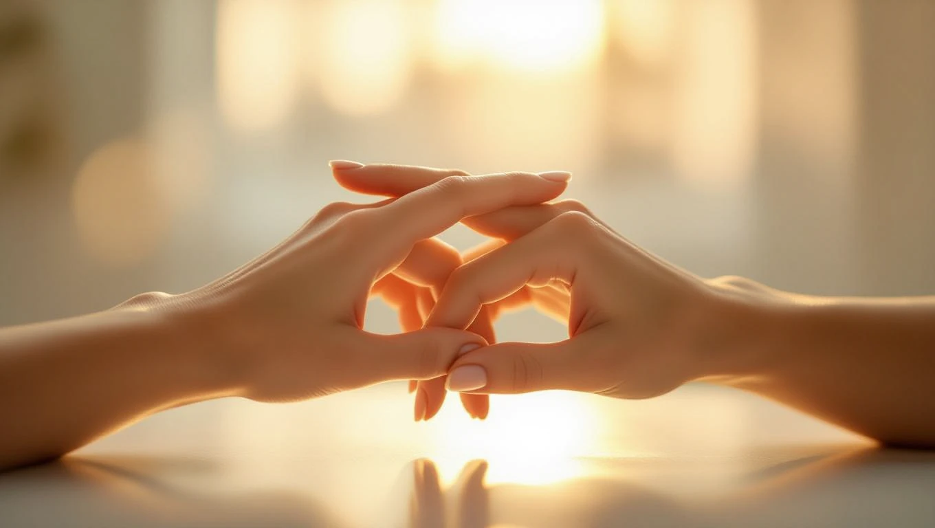 Zwei Hände, die sich sanft berühren, symbolisieren Verbindung und Flexibilität.