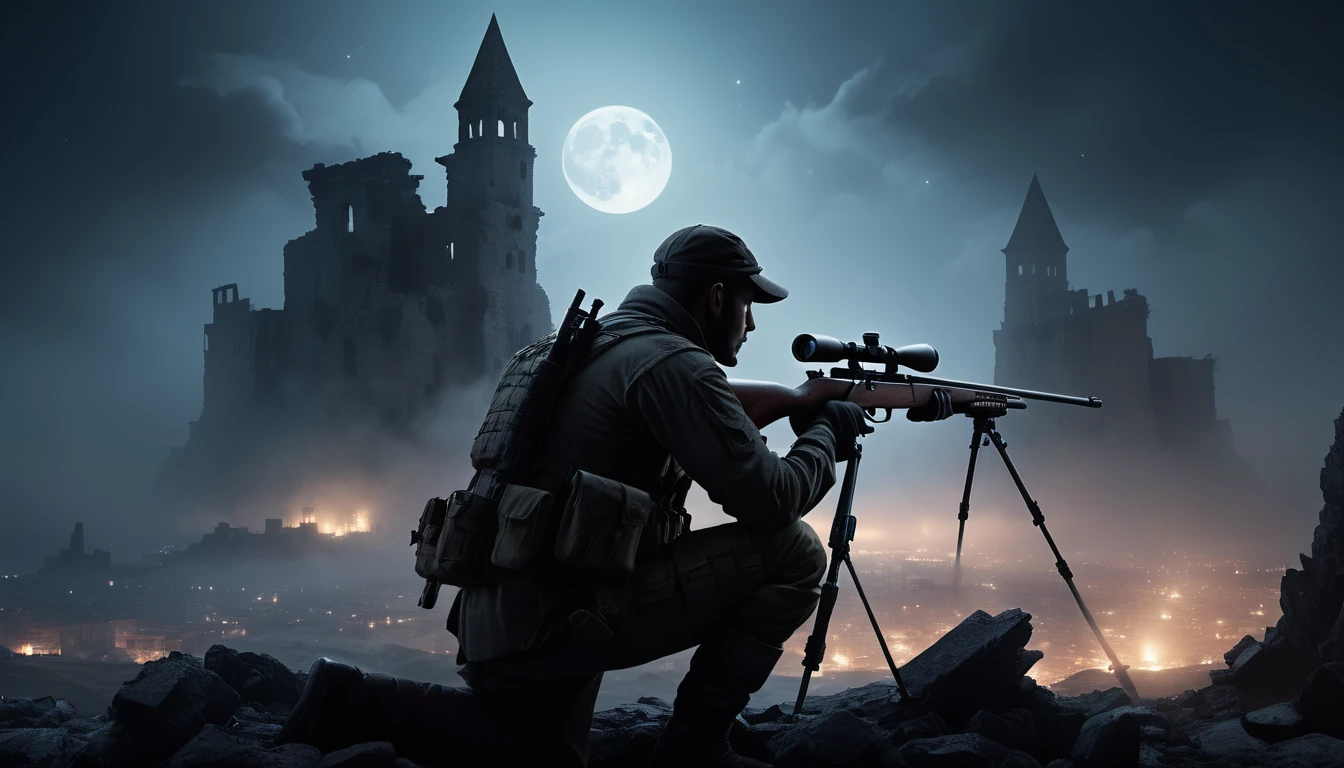 Ein Heckenschütze in der Dämmerung, mit einem Gewehr auf einem Stativ, beobachtet eine Stadt.