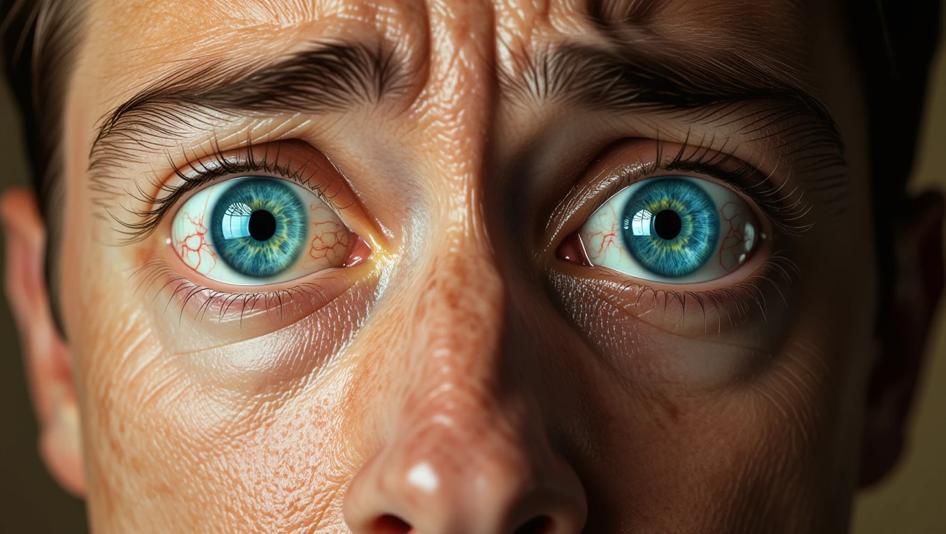 Nahaufnahme von Augen mit intensivem Blick und sichtbaren Adern, die Emotionen widerspiegeln.