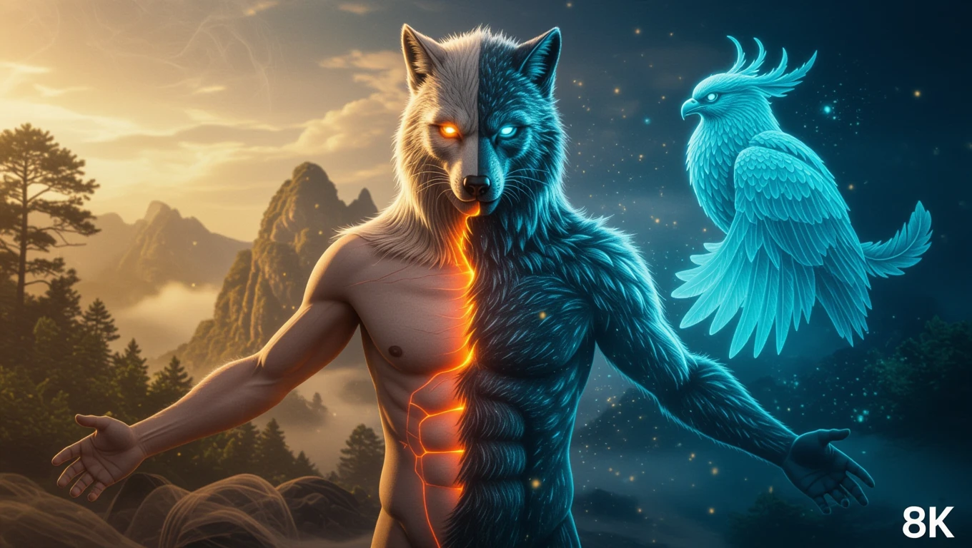 Ein Mensch mit einem Wolfsgesicht und einem leuchtenden Körper, der Transformation symbolisiert.