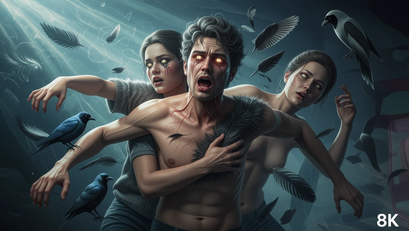 Ein Mann wird von zwei Frauen umgeben, während schwarze Vögel um ihn fliegen, was innere Konflikte symbolisiert.