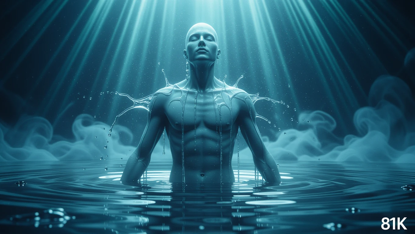 Eine humanoide Figur steht im Wasser, umgeben von Lichtstrahlen und Nebel.