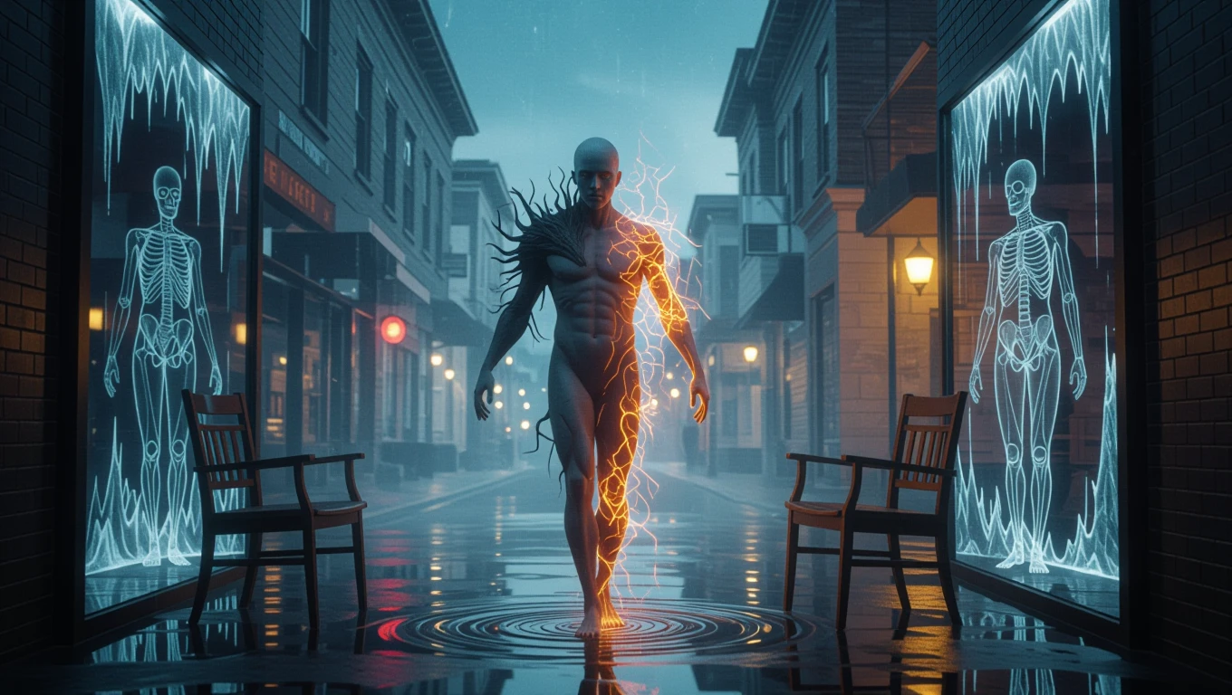 Eine mystische Figur mit elektrischen Energien in einer urbanen Umgebung.