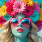 Eine stilisierte Frau mit buntem Blumenkranz und Sonnenbrille vor einem blauen Himmel.